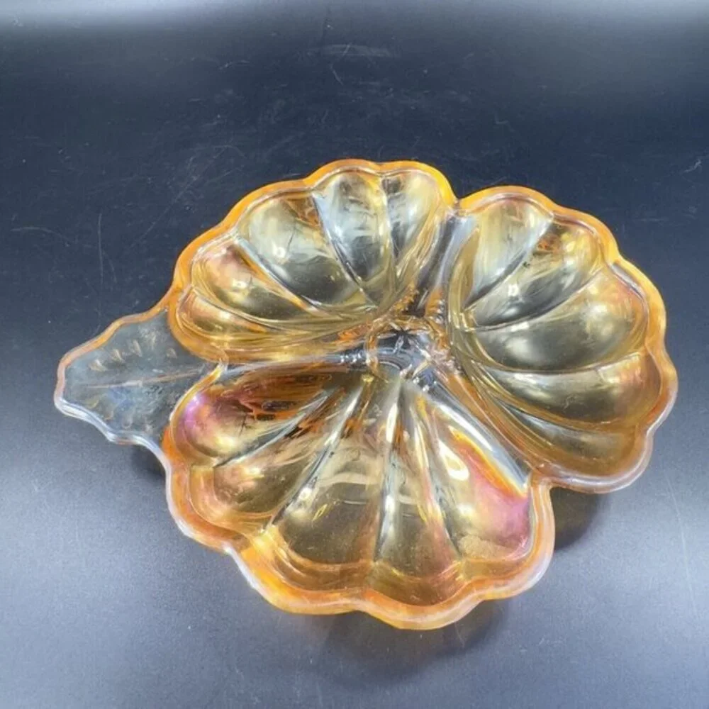 Vintage Carnival Glass Shamrock Dish‎ Divided Relish Iridescent Finish Tray Dish